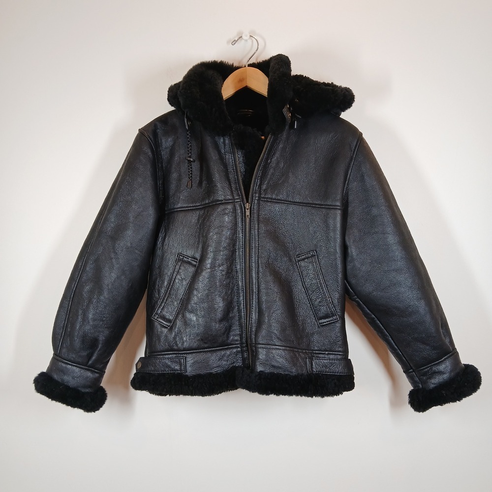 Shearling Unlimited Mens Small Black Leather Hooded B-3 Bomber Aviator Jacket